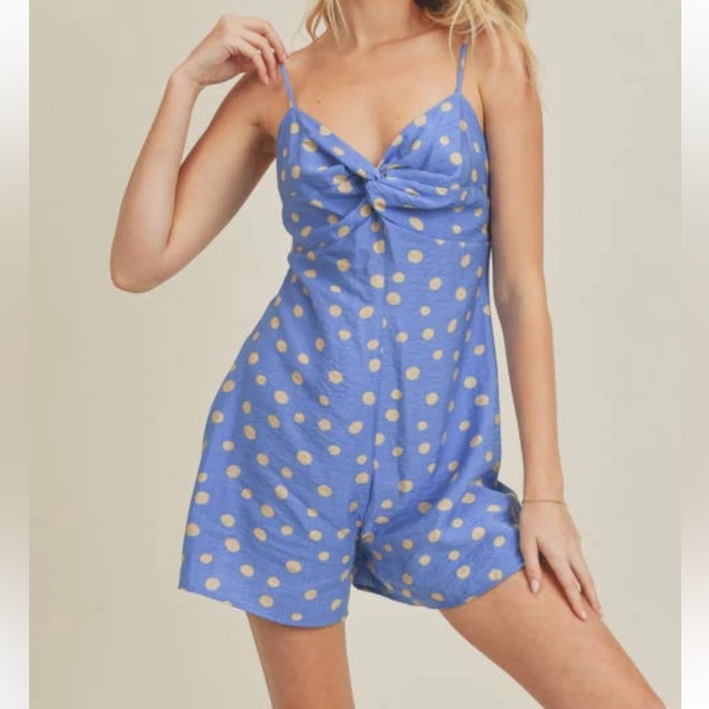 Blue romper. Tan polkadot.